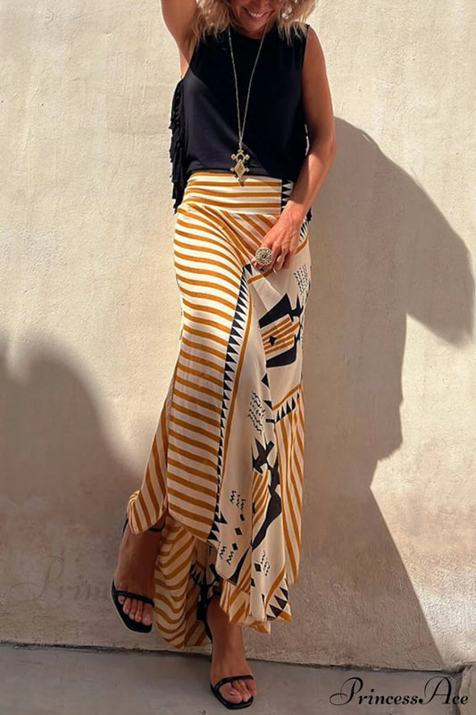 Geometric Print Elastic Charming Waist Maxi Skirt Dresses