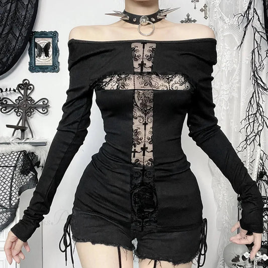 Gloomy Lace Patchwork Gothic Blouse Black / S