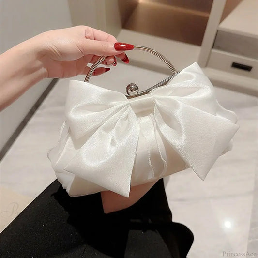 Gold Silk Bowknot Evening Bag Women Elegant Banquet Shoulder Handbag White clutchbag-250126