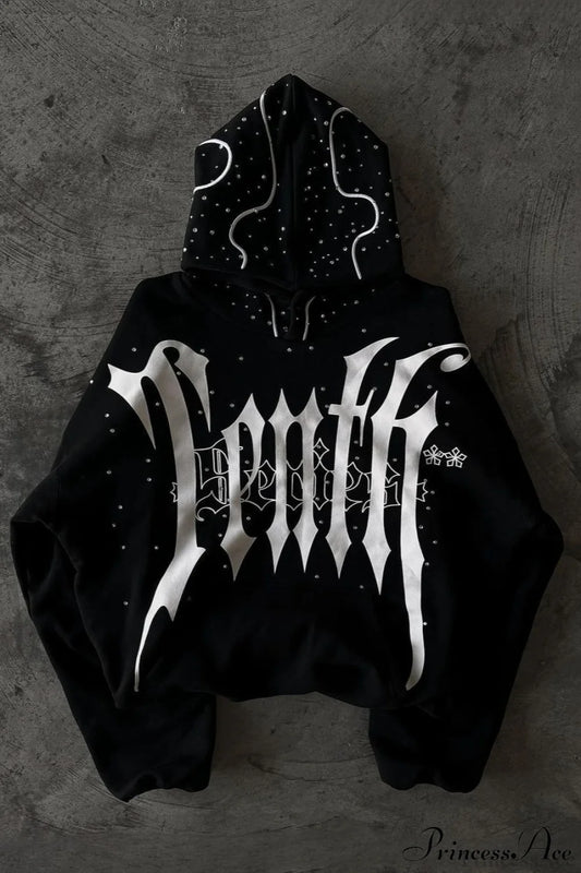 Goth Dark Letter Print Unisex Harajuku Oversized Hoodie Black / S