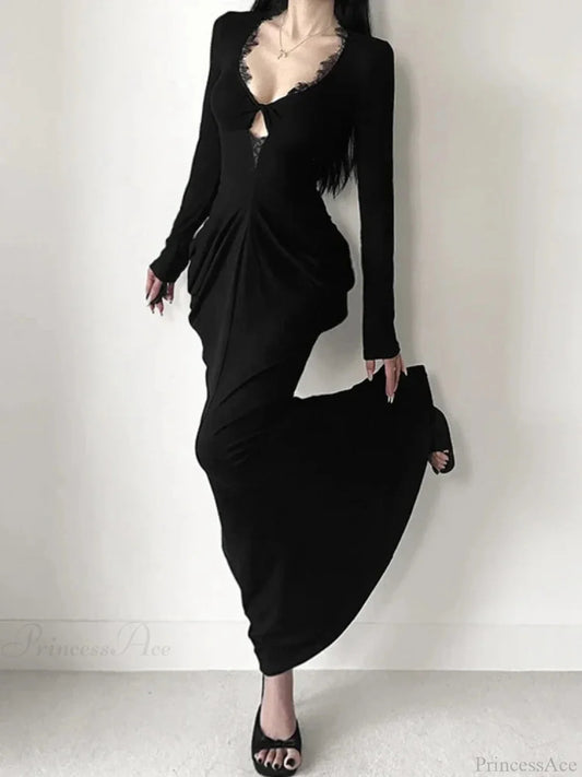 Graceful Lace Patchwork Corset Long Dress Black / XS