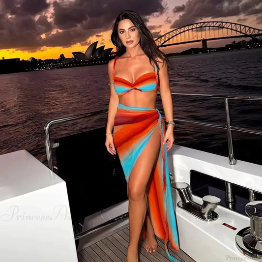 Gradient Bikini Set with Long Skirt Three Piece Swimsuit color1 / S