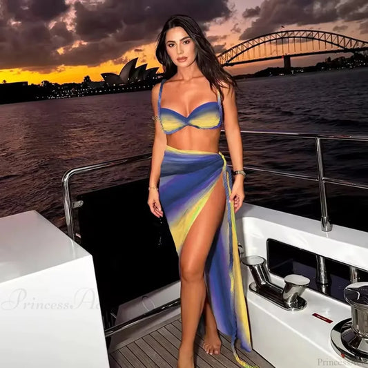 Gradient Bikini Set with Long Skirt Three Piece Swimsuit color3 / S