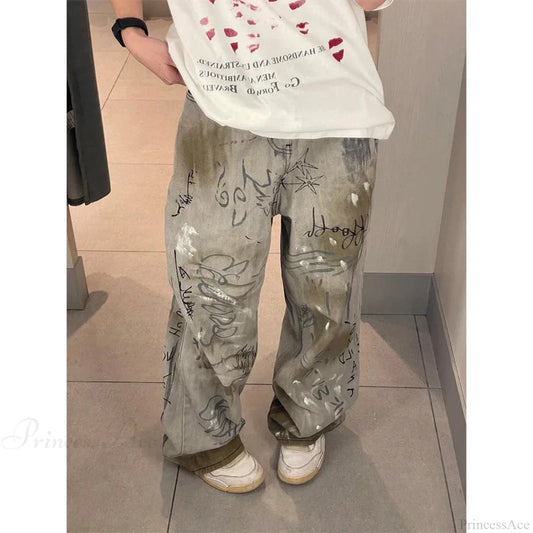 Graffiti Printed Gothic High-Waist Trouser Grey / S