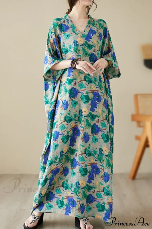 Green Red Cotton Linen Print Batwing Sleeve Retro Boho Dress / One Size