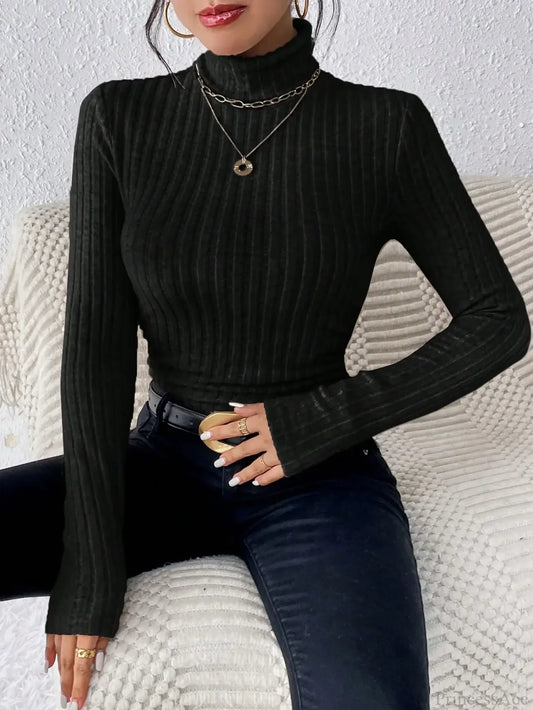 Half Turtleneck Sweater Slim Long Sleeve Knit Top Women black / XS knittop-250126