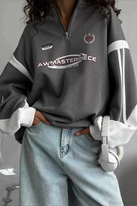 Half-Zip Stand Collar Letter Print Hoodie Dark Gray / S