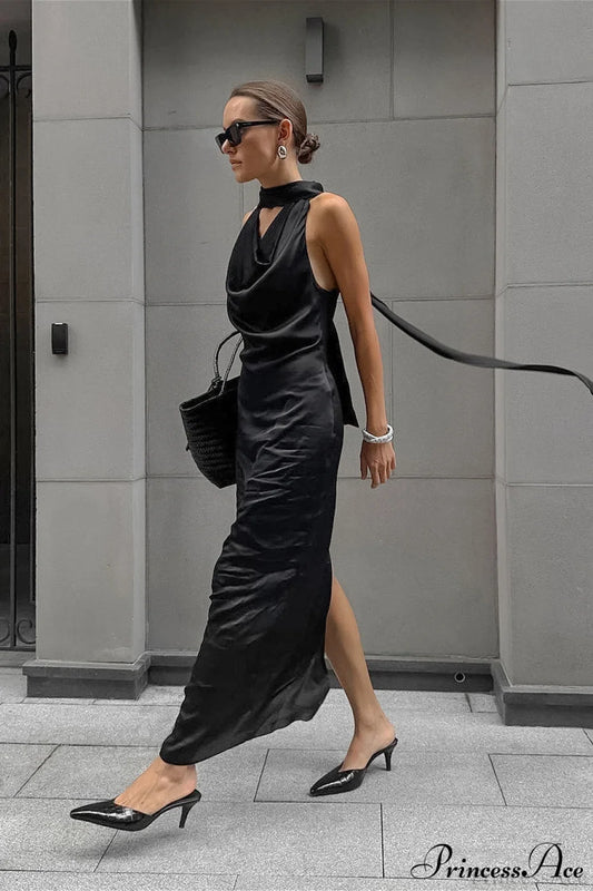 Halter Draped Satin Curvy Maxi Dress Black / S