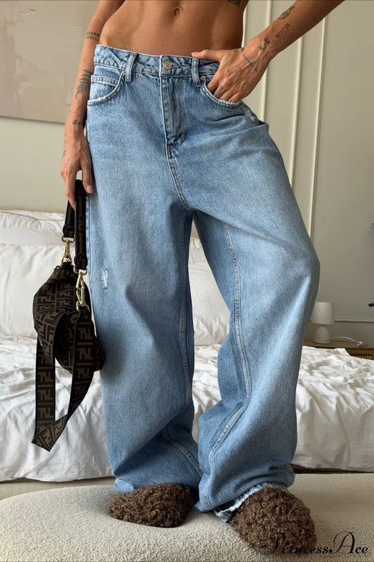 Heart Distressed Low Waist Wide Leg Straight Jeans