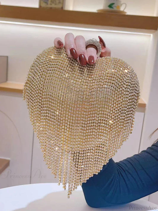 Heart Shaped Rhinestone Clutch Evening Luxury Diamond Wedding Purse Gold clutchbag-250126