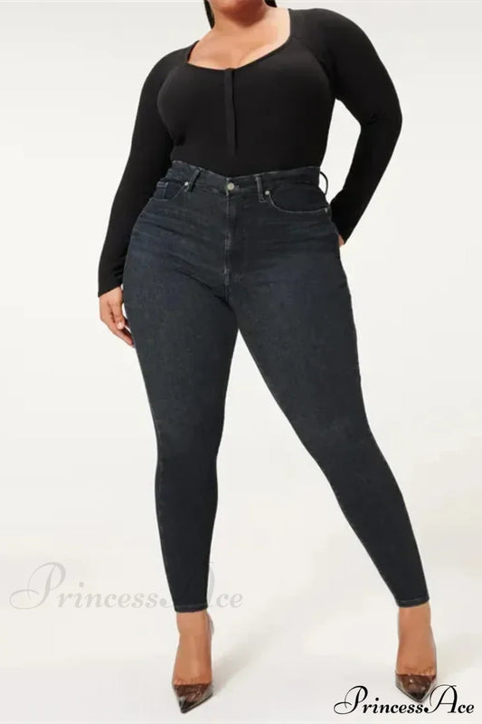 High Stretchy Skinny Full Length Plus Size Curvy Fitting Fashionable Pencil Jean Black / Xs