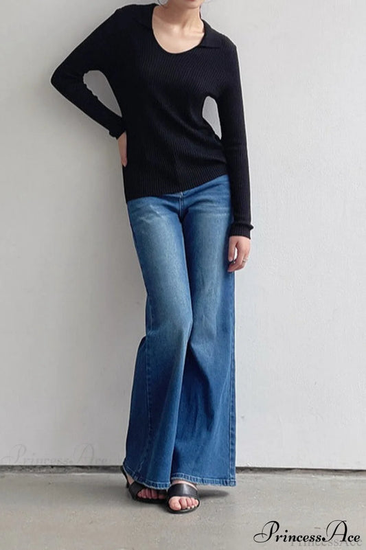 High Waist Solid Color Bootcut Jeans Blue / S