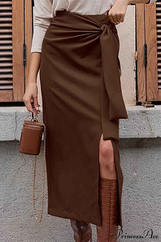 High Waist Split Tie Straight Skirt Brown / S