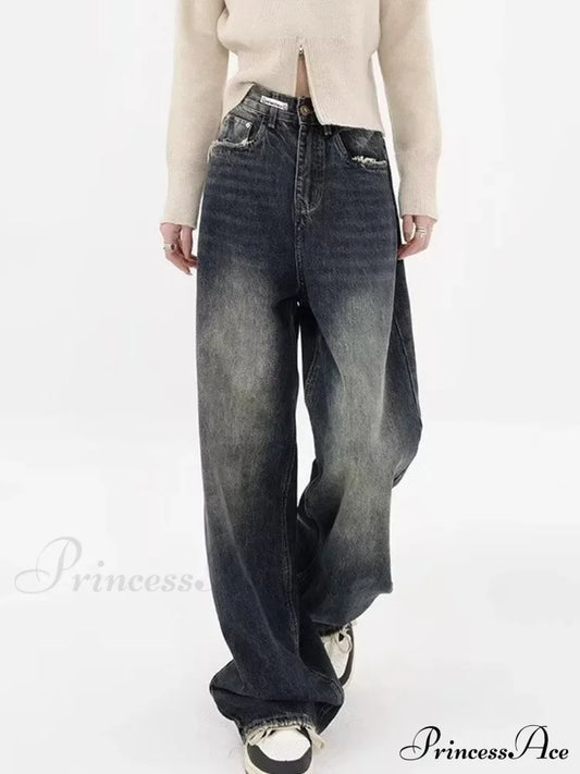 High Waisted Wide Leg Slim Ruffled Street Mop Jean Retro Blue / S