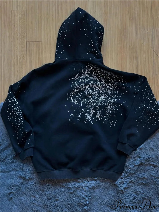 Hip Hop Cross Oversized Rhinestone Zip Up Hoodie
