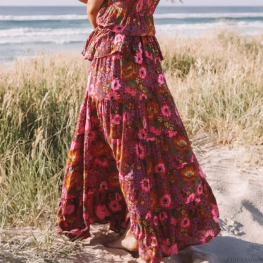 Hippie Fashion Women Beach Bohemian Red Floral A-Line Boho Skirt skirt-250126