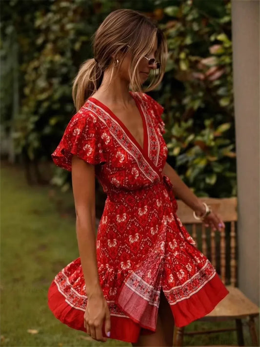 Hippie Floral Print Sashes Boho Dress bohodress-250126