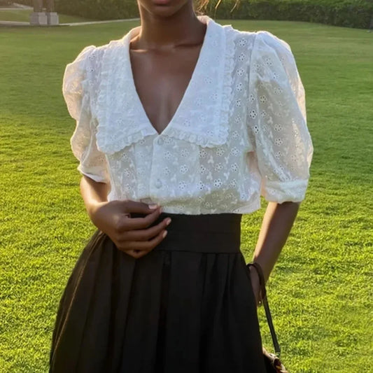 Hollow Lace Puff Sleeve Peter Pan Collar Blouse WHITE / S blouse-250126