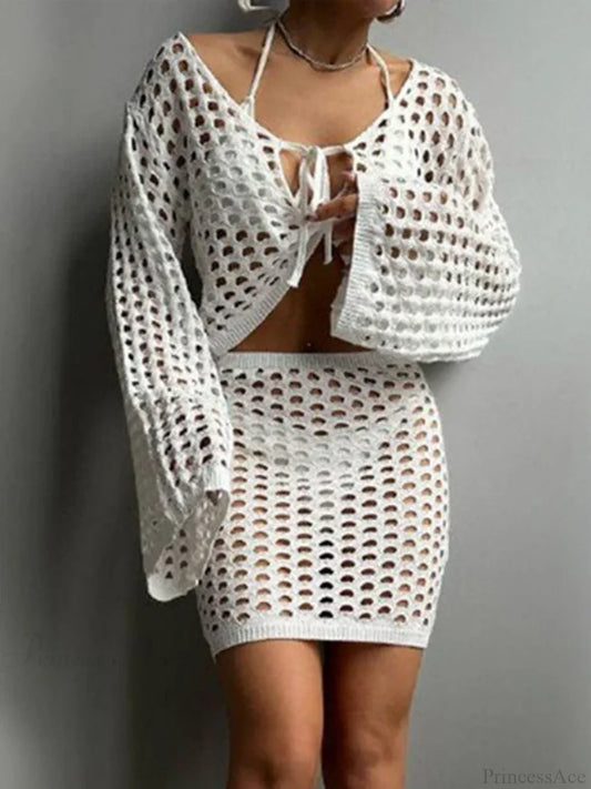 Hollow Out Beach Wrap Bikini Cover Up White / S