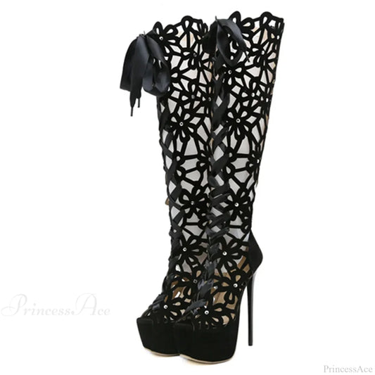 Hollow-Out Lace-Up Platform Knee-High Sexy Sandals Cross-Tie Peep-Toefashionable High Heel Black /
