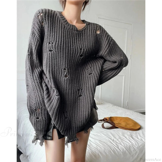 Hollow Out Lazy Style Pullover Sweater Dark Grey / S