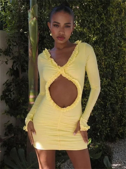 Hollow-Out Ruffled Mini Dress Yellow / S minidress-250223