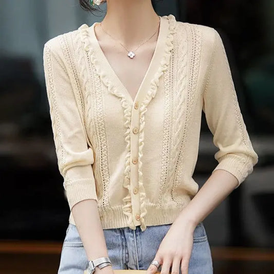 Hollow Out V-Neck Button Knit Cardigan Champagne / S
