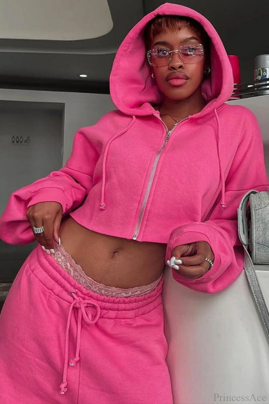 Hooded Zipper Cropped Slim Fit Casual Two Piece Set Rose red / S