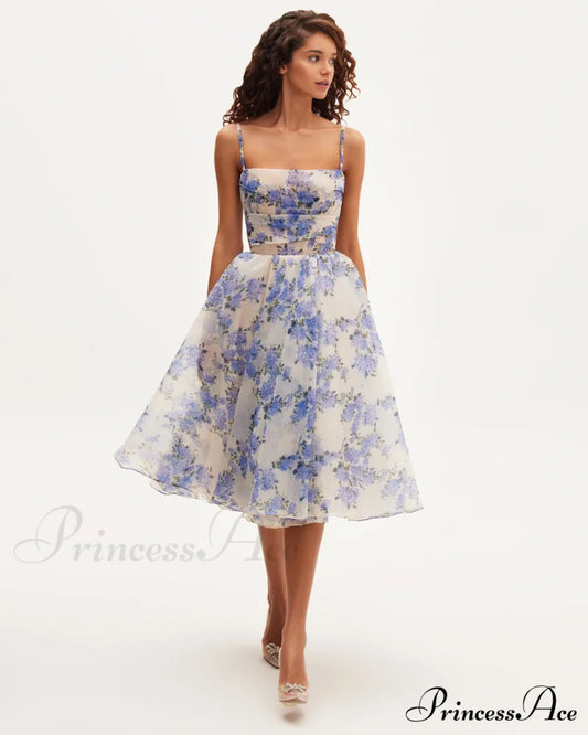 Hydrangea Spaghetti Stylish Strap Midi Dress