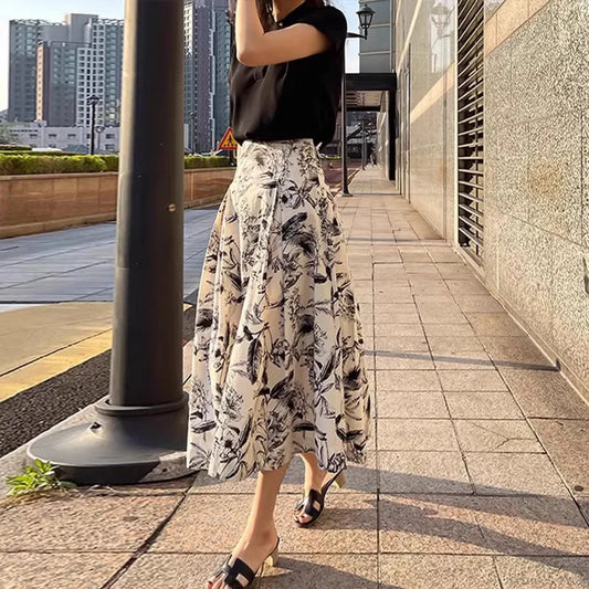 Ink Painting Skirt Women Autumn Winter High Waist Swing Skirt Picture Color / S
