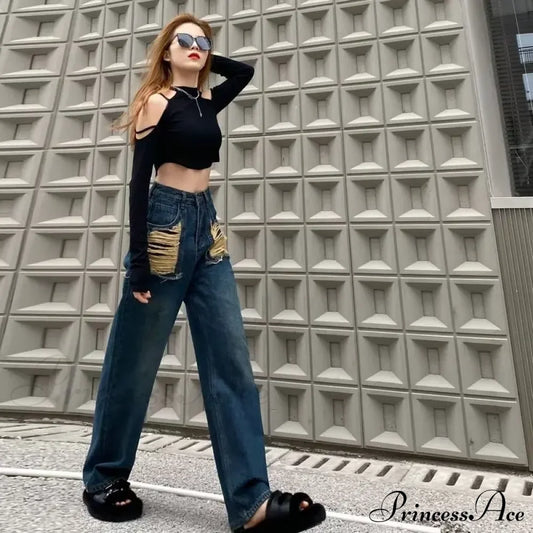 Irregular Perforated American Vintage High Waist Slim Design Floor Dragging Jean