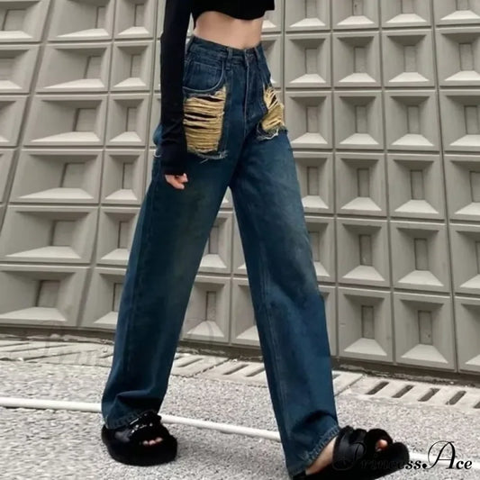 Irregular Perforated American Vintage High Waist Slim Design Floor Dragging Jean Deep Blue / S