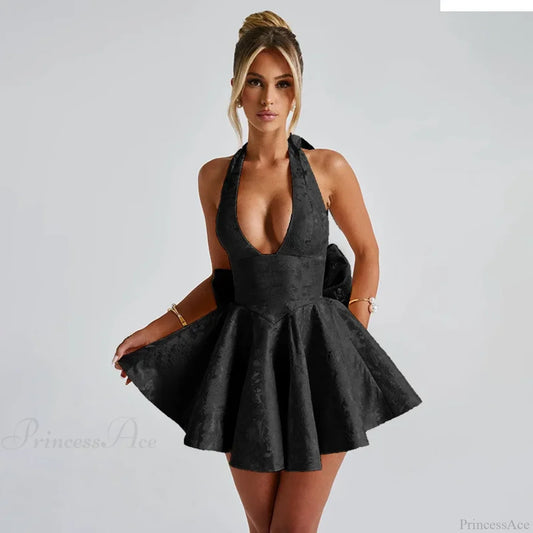 Jacquard Bow Waist Wrap Vacation Dress Black / XS vacationdress-250223