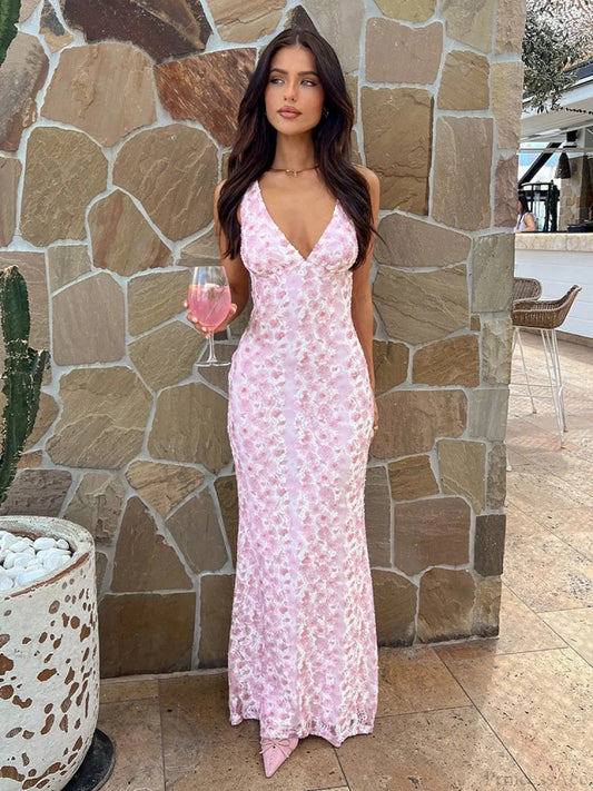 Jacquard Elegant Midi Long Vacation Dress Pink / S vacationdress-250223