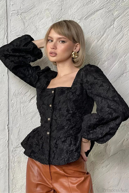 Jacquard Sophisticated Square Neck Puff Sleeve Blouse Black / S