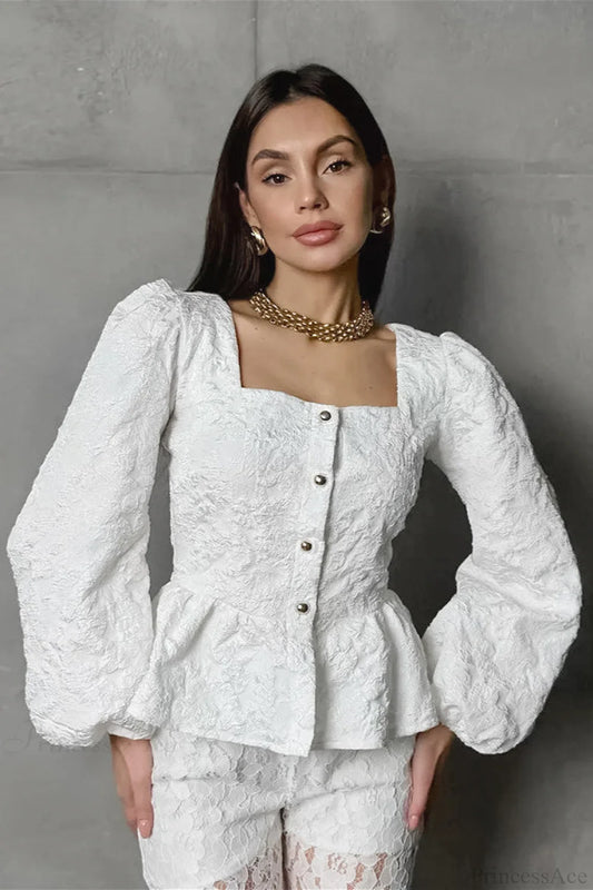 Jacquard Sophisticated Square Neck Puff Sleeve Blouse White / S