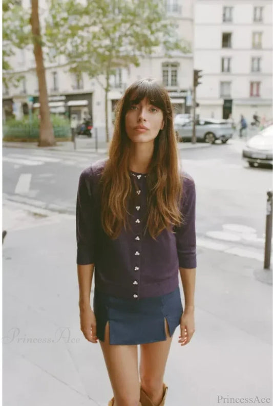 Jewelry Bead V-neck Cardigan PURPLE / S