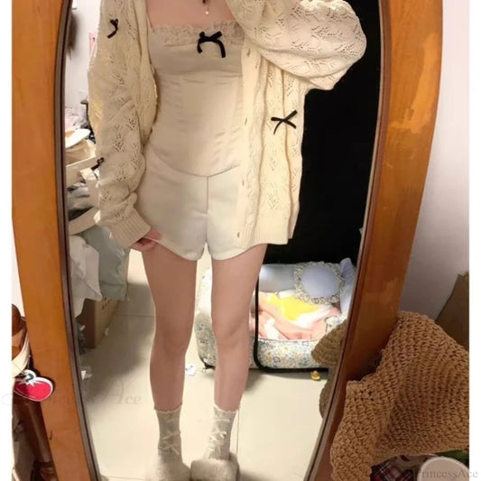 Kawaii Bow Hollow Out Solid Knit Cardigan cardiagn-250126