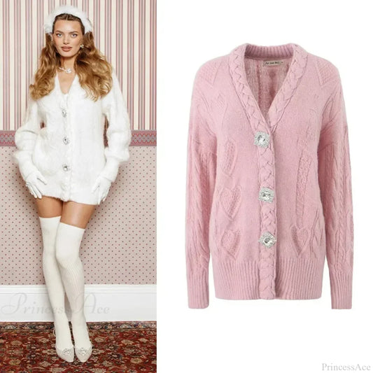 Knit Diamond Pink Cardigan Cardigan-241208