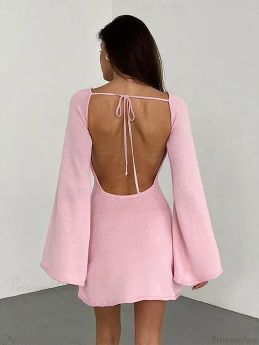 Knitted Backless Lace Up Bikini Cover Up Pink mini dress / S