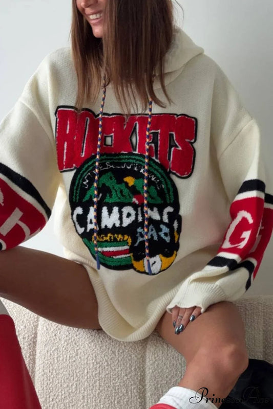 Knitted Embroidered Oversize Casual Hoodie White / S