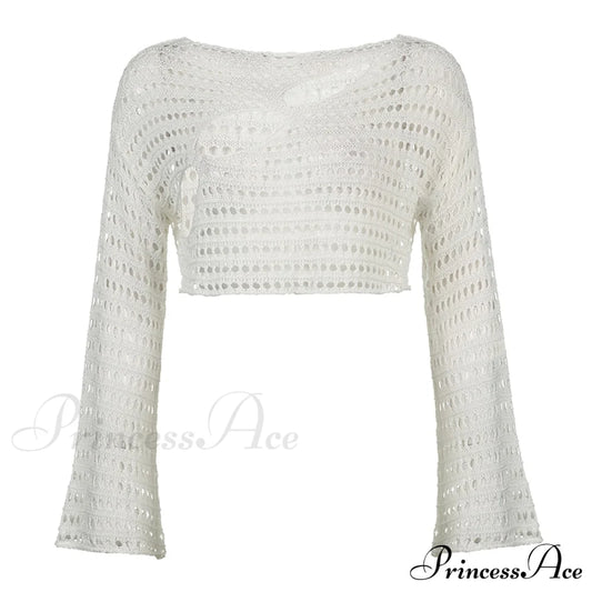 Knitted Flare Casual Vacation T-Shirts Clothes Hollow Out Warm-Season Through Women Y2K O See Neck