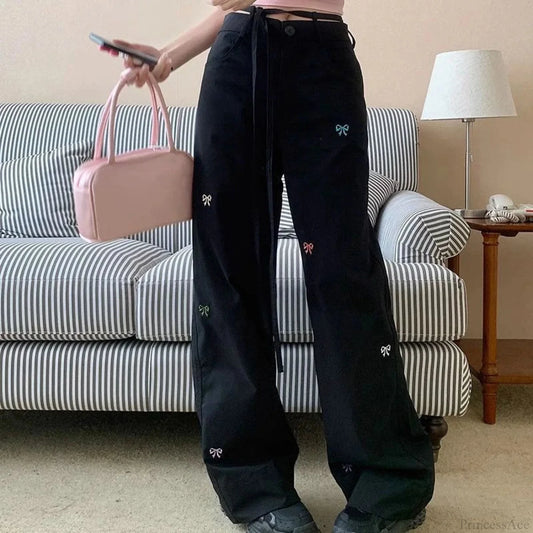 Korean Butterfly Embroidered Pants Black / S