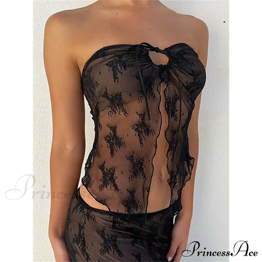 Lace Bustiers Corsets Strapless Off Shoulder Tubes Party Mesh See Through Tank Summer Mini Vest