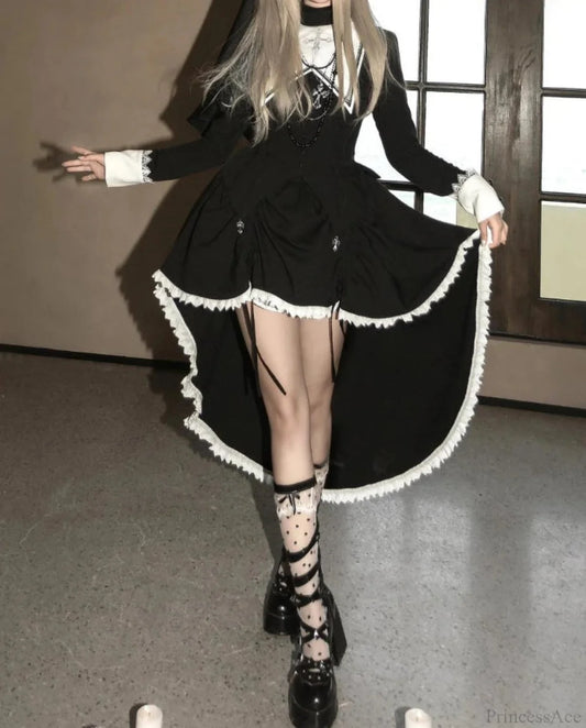 Lace Celebration Gothic Ebony Midi Dress Black / XS