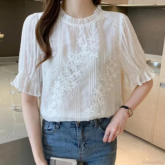 Lace Chiffon Short Sleeve Embroidery Blouse blouse-250126