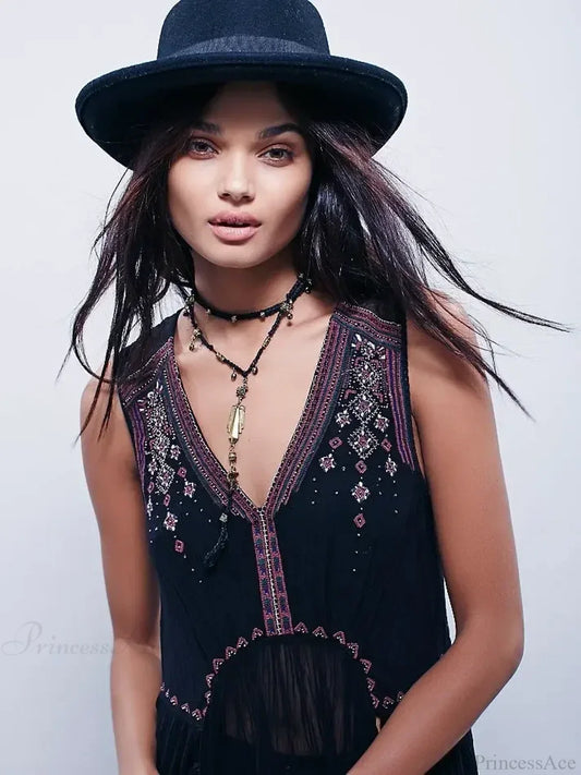 Lace Flare Sleeve Tassel Hollow Maxi Boho Dress Black / S bohodress-250126