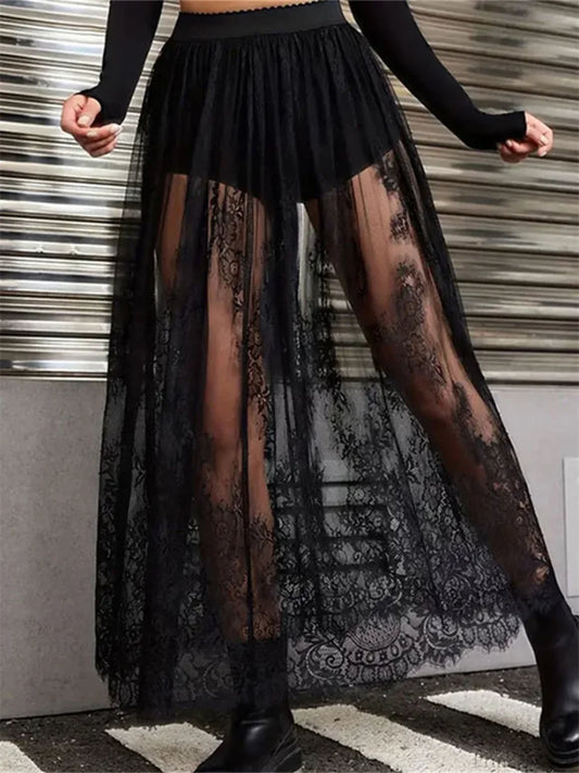 Lace Floral Long Maxi Skirt Solid Mesh Built-in Shorts Skirt skirt-250126