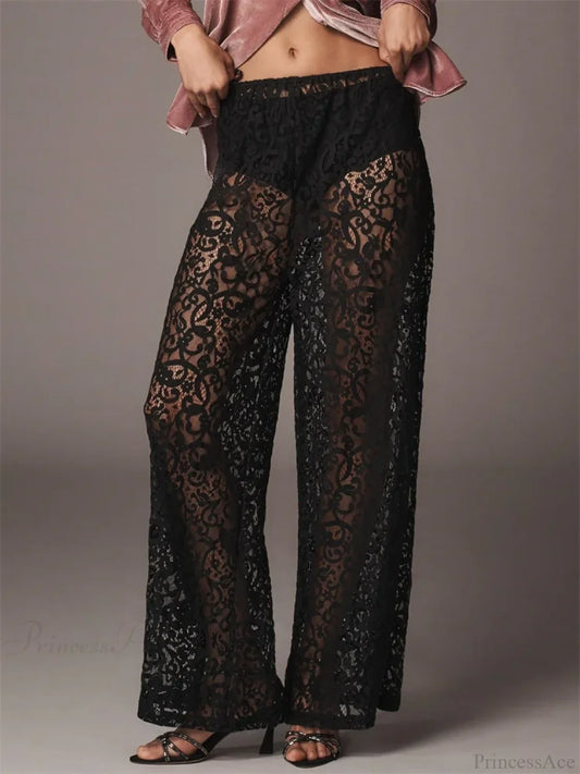 Lace Floral Mesh See-Through Black Wide Leg Pant pant-250223