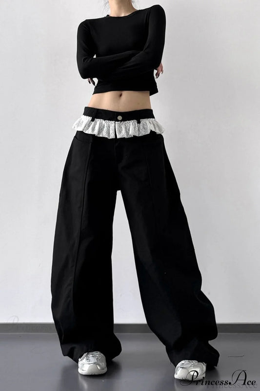 Lace Panel High Waist Wide Leg Jeans Black / S